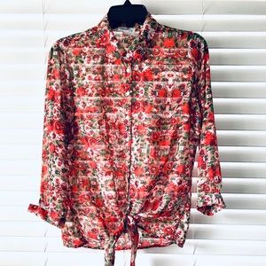 Sheggy Orange Floral Tie Front Chiffon Blouse